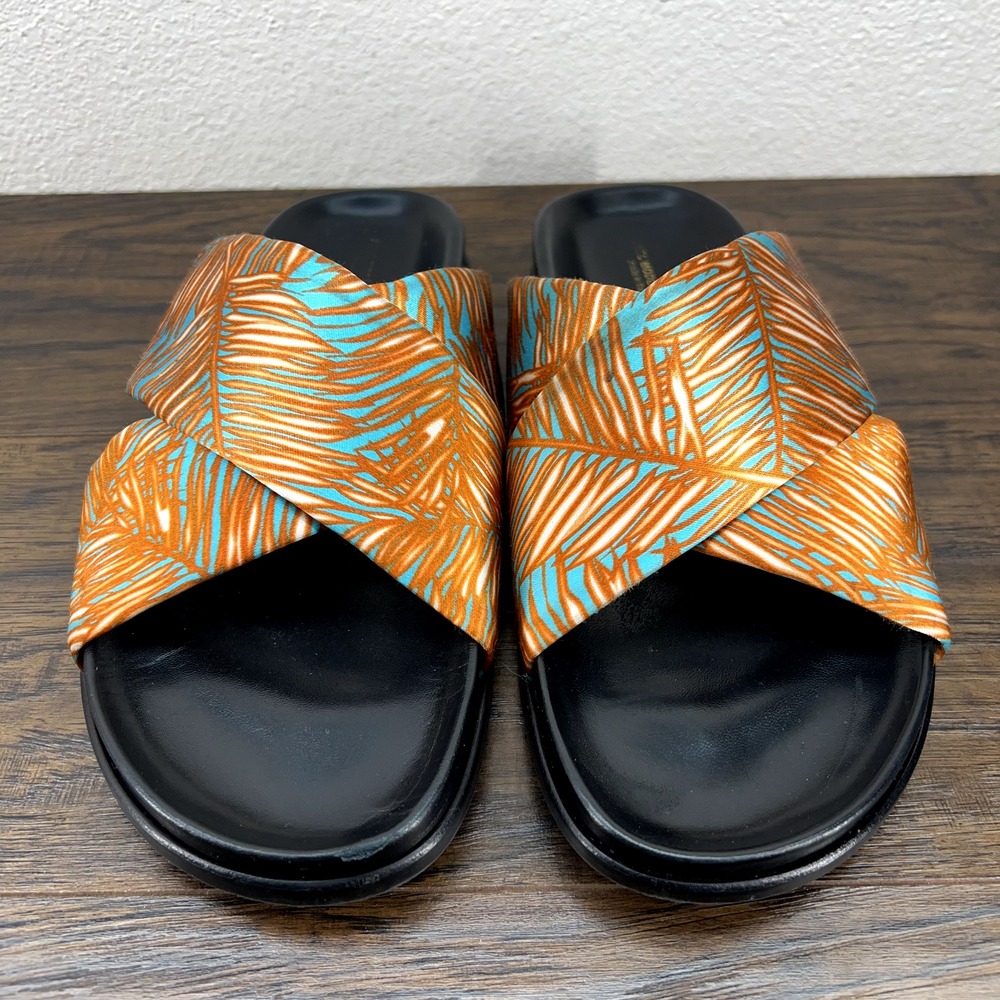 Avec Moderation Womens Sandals Size 10.5 EU 41 Cross Strap Palm Leaf Slide Flats